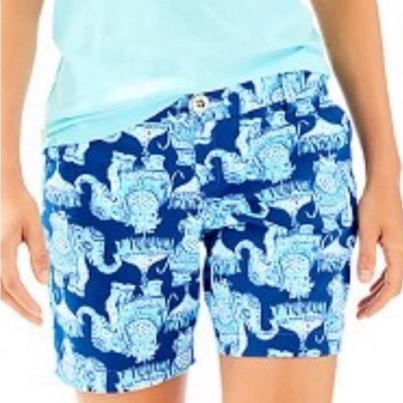 Lilly Pulitzer Jayne Shorts Deep Indigo Joy Ride Elephants Cotton Blue 7" Size 2 - Picture 2 of 12